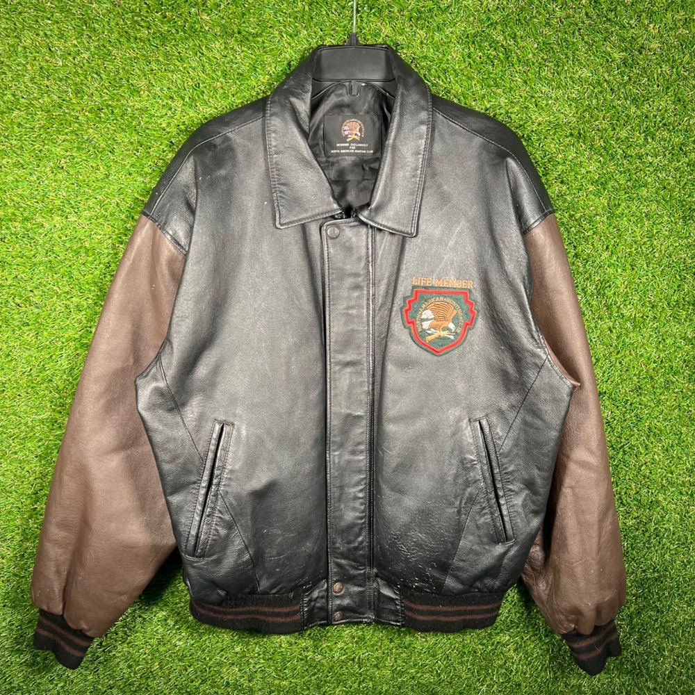 North American Hunting Club Life Member Leather Bomber Jacket XL Black Brown 90s